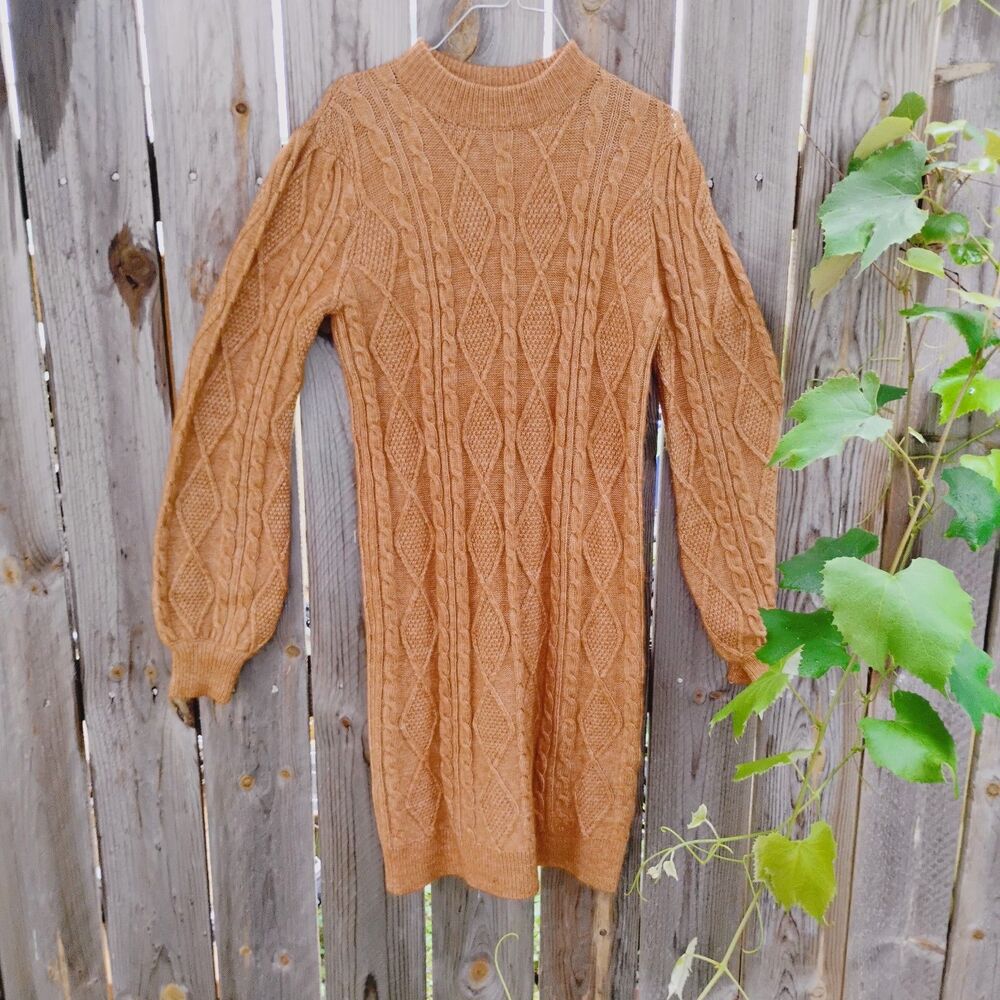 Ophelia Roe Camel Tan Cable Knit Sweater Dress Mock Neck Long Sleeve Size Medium